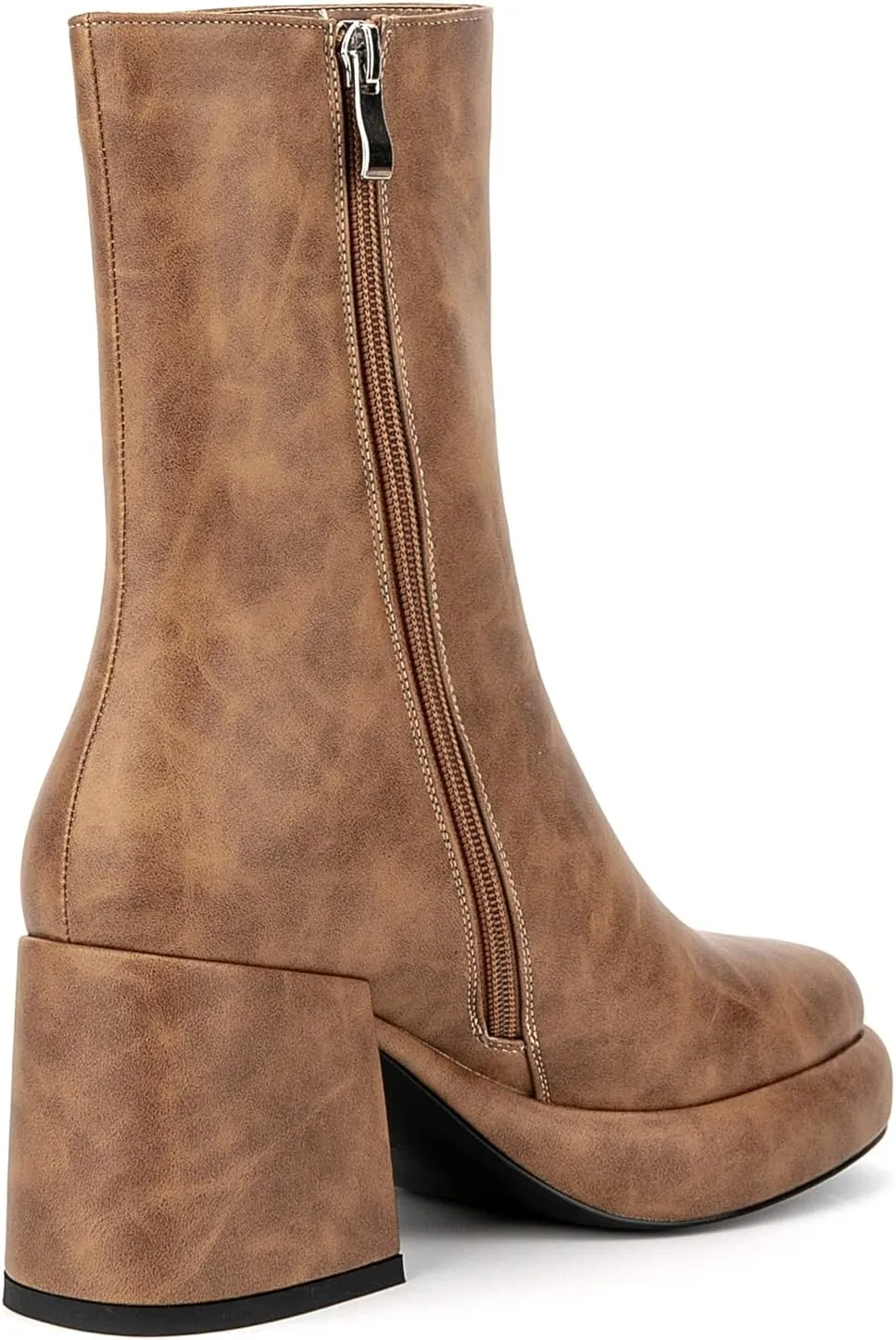 Women Casual Round Toe Platform Mid Calf Boot Vegan Leather Suede Block High Heel Zipper Boots