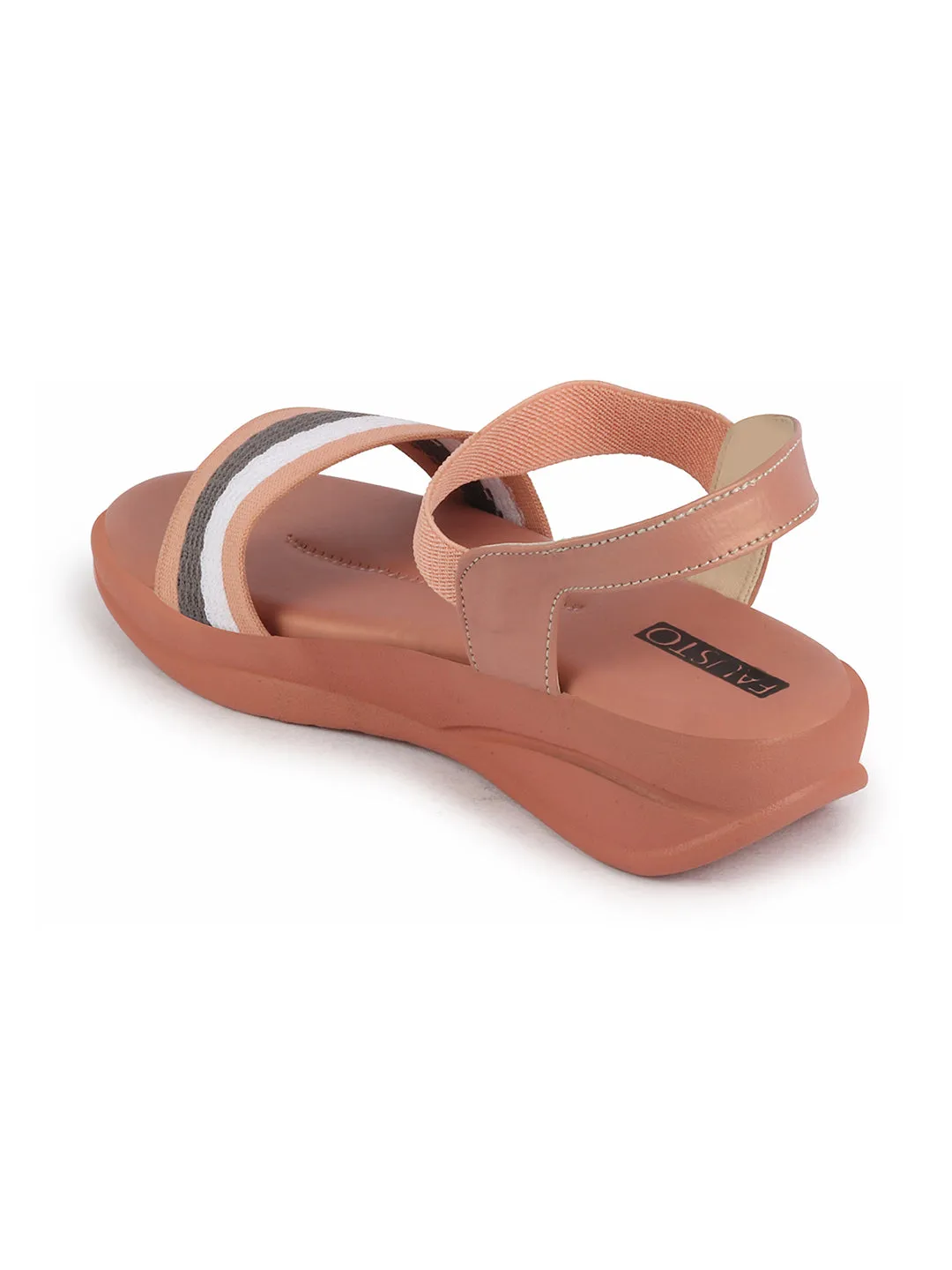 Women Pink Open Toe Multi Color Strap Platform Woven Design Slip On Sandals