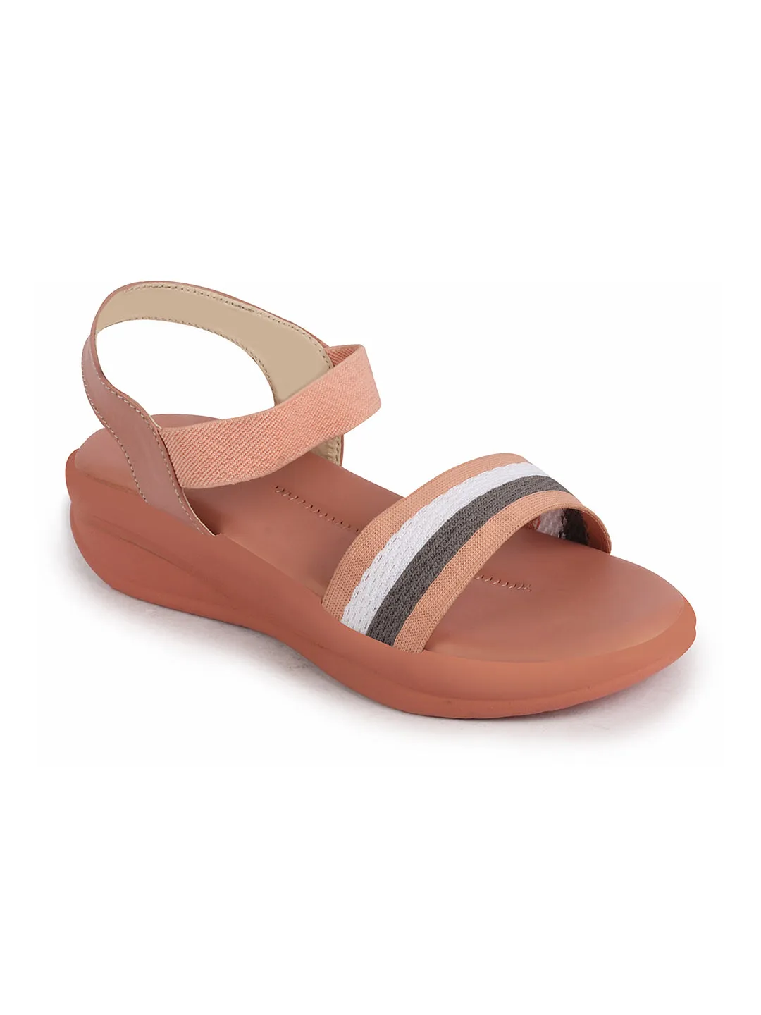 Women Pink Open Toe Multi Color Strap Platform Woven Design Slip On Sandals