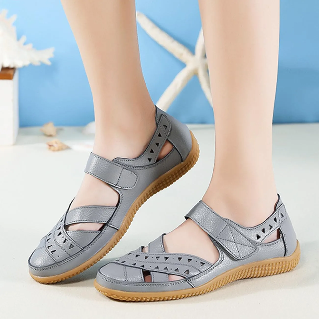 Women's Leather Dressy Flats Sandals Comfortable Hollow Mary Jane Shoes Lightweight Versatile Casual Shoes