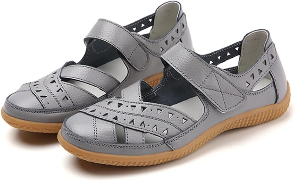 Women's Leather Dressy Flats Sandals Comfortable Hollow Mary Jane Shoes Lightweight Versatile Casual Shoes