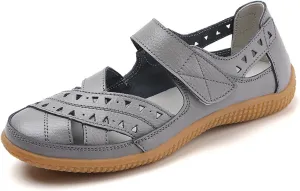 Women's Leather Dressy Flats Sandals Comfortable Hollow Mary Jane Shoes Lightweight Versatile Casual Shoes