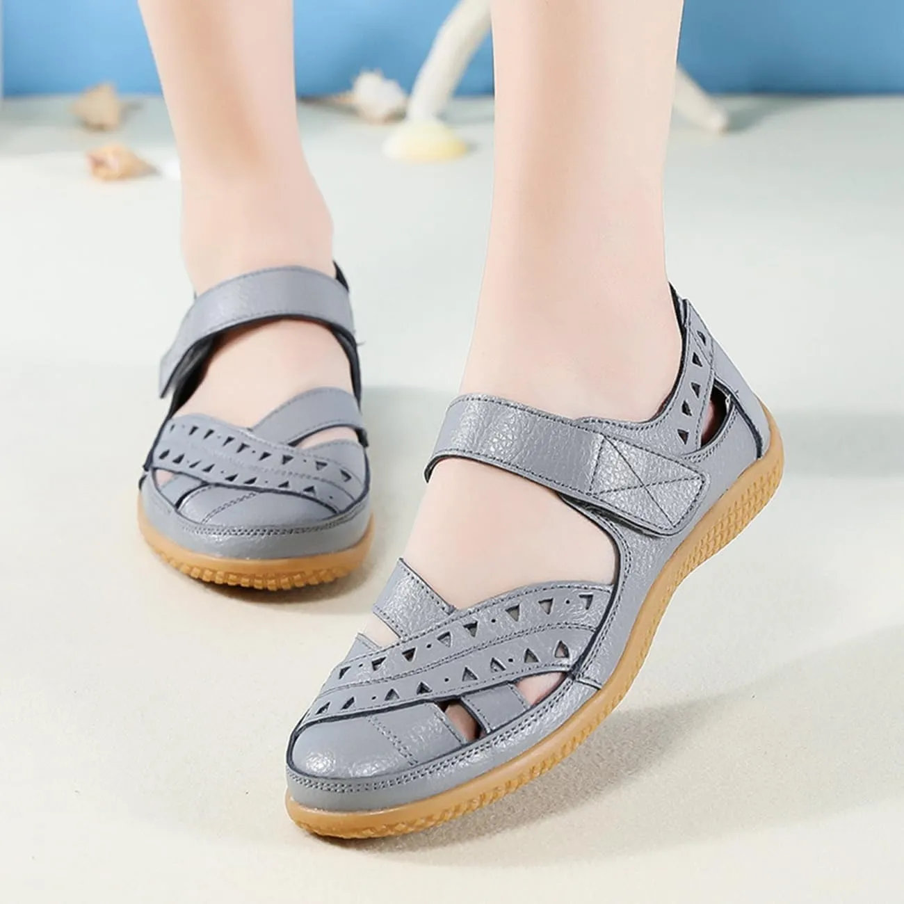 Women's Leather Dressy Flats Sandals Comfortable Hollow Mary Jane Shoes Lightweight Versatile Casual Shoes