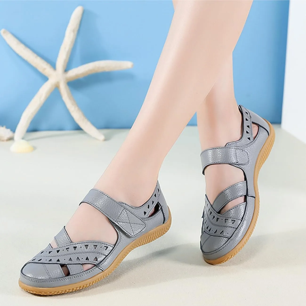 Women's Leather Dressy Flats Sandals Comfortable Hollow Mary Jane Shoes Lightweight Versatile Casual Shoes