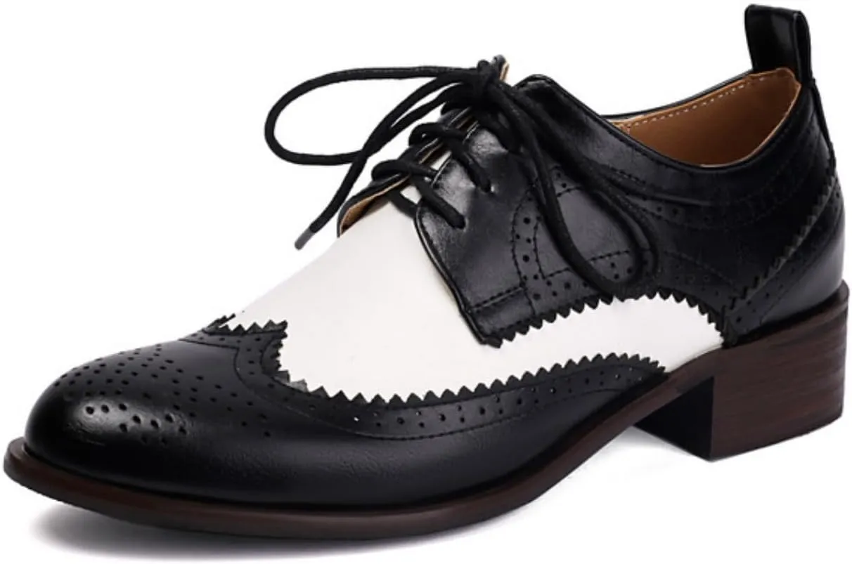 Women's Leather Perforated Lace Up Oxfords Round Toe Patchwork Wingtip Brogues Comfortable Slip-On Low Block Chunky Heels Work Office Business Dress Pumps Shoes