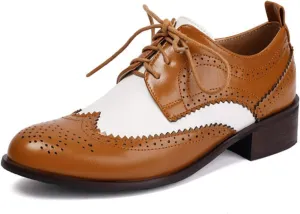 Women's Leather Perforated Lace Up Oxfords Round Toe Patchwork Wingtip Brogues Comfortable Slip-On Low Block Chunky Heels Work Office Business Dress Pumps Shoes