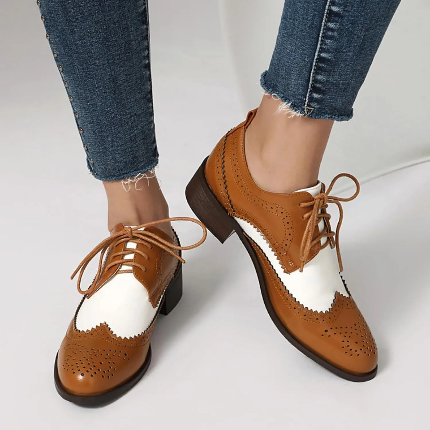 Women's Leather Perforated Lace Up Oxfords Round Toe Patchwork Wingtip Brogues Comfortable Slip-On Low Block Chunky Heels Work Office Business Dress Pumps Shoes