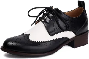 Women's Leather Perforated Lace Up Oxfords Round Toe Patchwork Wingtip Brogues Comfortable Slip-On Low Block Chunky Heels Work Office Business Dress Pumps Shoes
