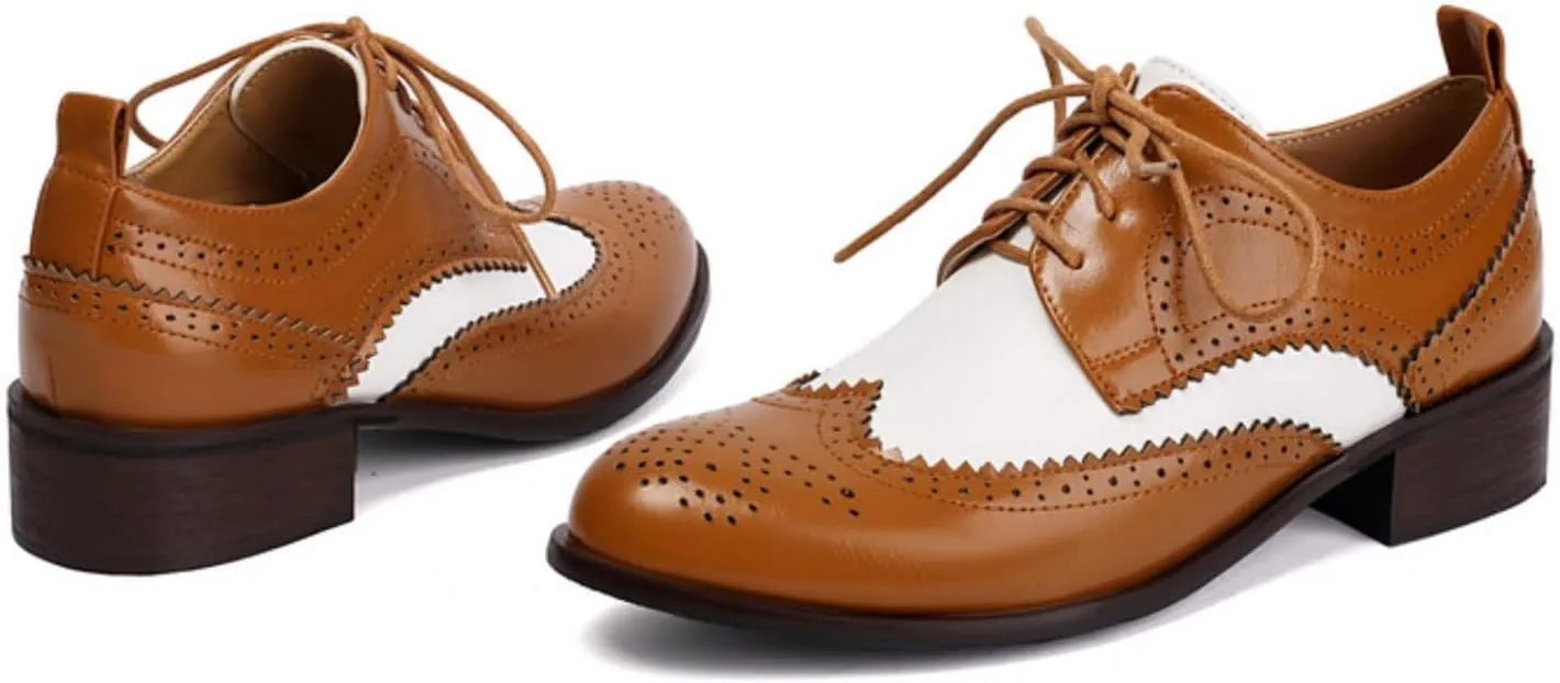 Women's Leather Perforated Lace Up Oxfords Round Toe Patchwork Wingtip Brogues Comfortable Slip-On Low Block Chunky Heels Work Office Business Dress Pumps Shoes