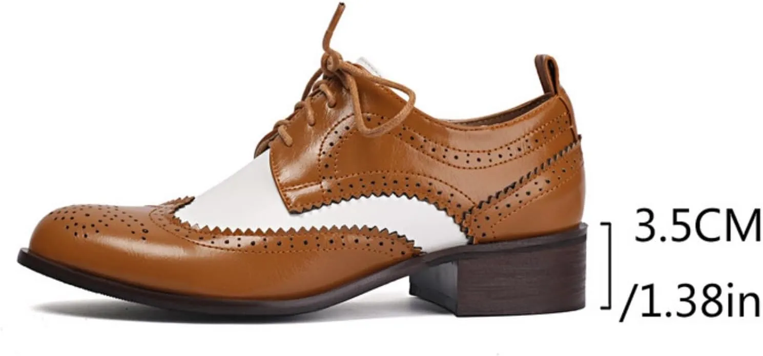 Women's Leather Perforated Lace Up Oxfords Round Toe Patchwork Wingtip Brogues Comfortable Slip-On Low Block Chunky Heels Work Office Business Dress Pumps Shoes