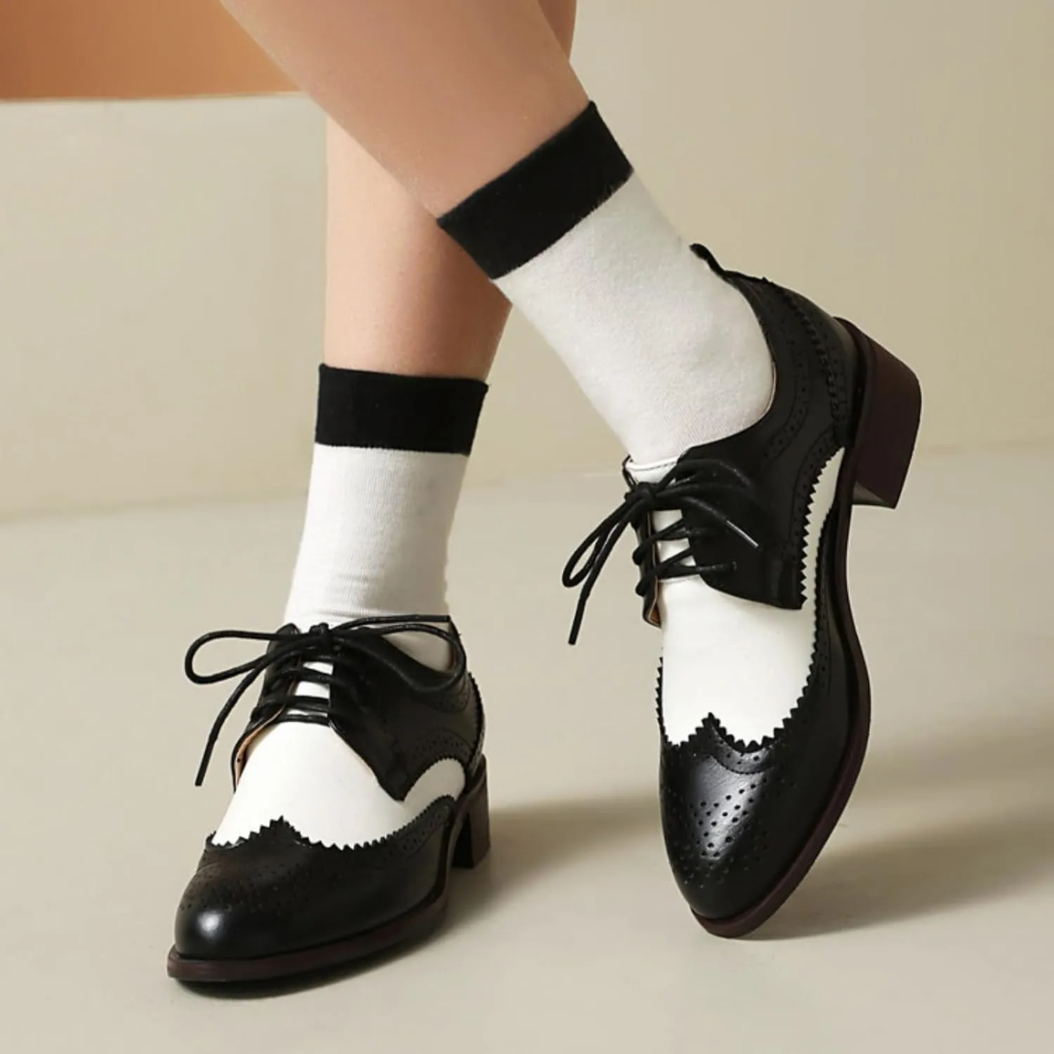 Women's Leather Perforated Lace Up Oxfords Round Toe Patchwork Wingtip Brogues Comfortable Slip-On Low Block Chunky Heels Work Office Business Dress Pumps Shoes