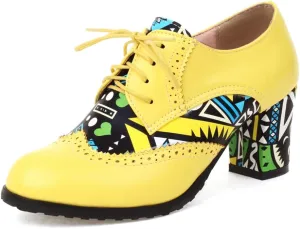 Women's Round Toe Lace Up Wingtip Oxford Pumps Block High Heel Perforated Vintage Brogue Dress Shoes