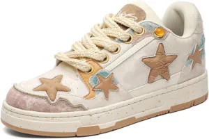Women's Star Y2K Sneakers - Vintage Kawaii Low Top Canvas Shoes Cute Lace Up Walking Star Sneakers with Gold Accents for Girls