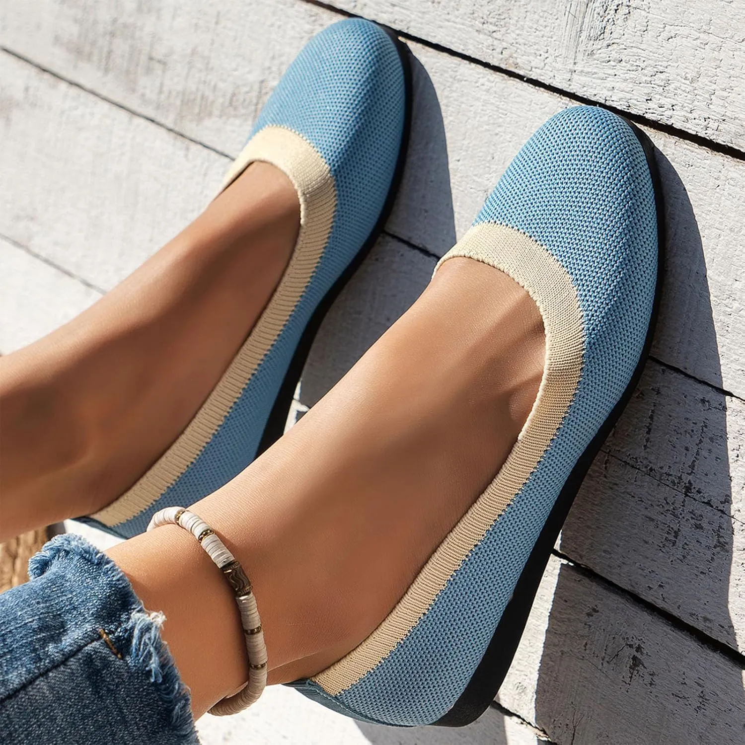 Women's Wide Fit Ballet Flats - Round Toe Slip-On Knit Shoes with Arch Support, Breathable & Comfortable for Work, Formal Dressy Occasions