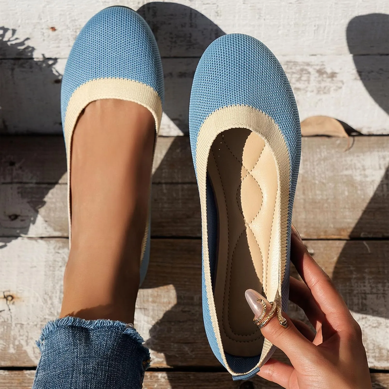 Women's Wide Fit Ballet Flats - Round Toe Slip-On Knit Shoes with Arch Support, Breathable & Comfortable for Work, Formal Dressy Occasions