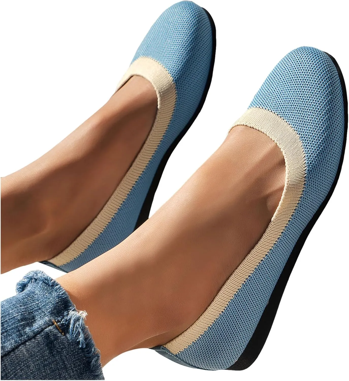 Women's Wide Fit Ballet Flats - Round Toe Slip-On Knit Shoes with Arch Support, Breathable & Comfortable for Work, Formal Dressy Occasions