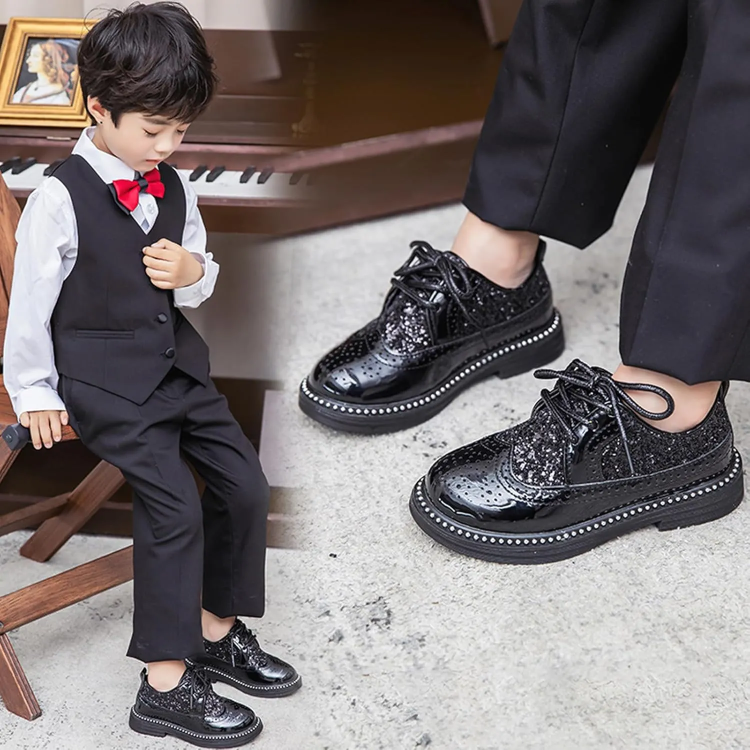 WUIWUIYU Toddlers Boys Glitter Wedding Homecoming Prom Concert Oxfords Flats Brogues School Uniform Dress Shoes
