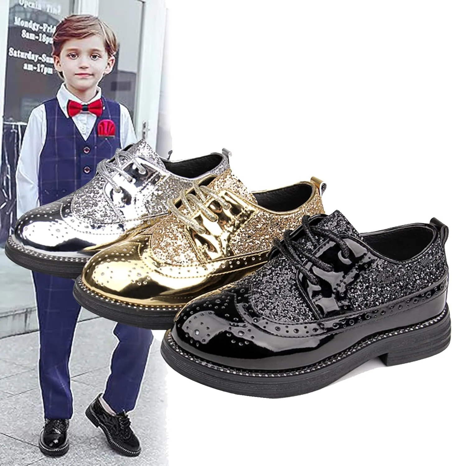 WUIWUIYU Toddlers Boys Glitter Wedding Homecoming Prom Concert Oxfords Flats Brogues School Uniform Dress Shoes