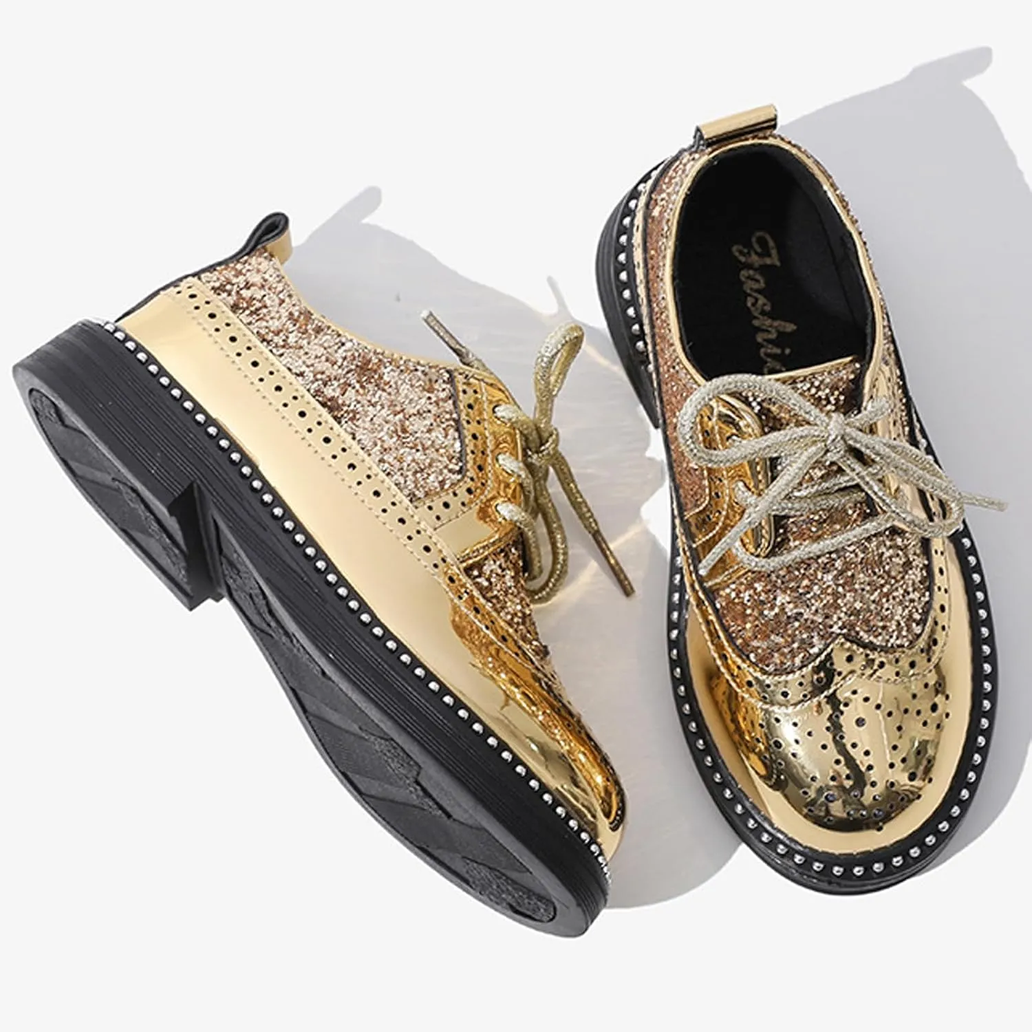 WUIWUIYU Toddlers Boys Glitter Wedding Homecoming Prom Concert Oxfords Flats Brogues School Uniform Dress Shoes