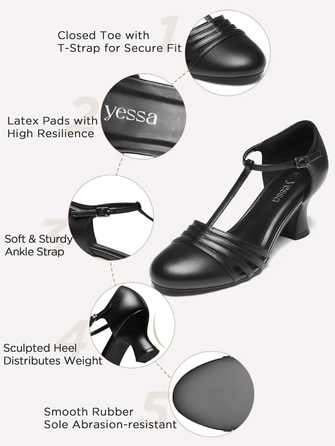 YESSA 1920s Shoes for Women Leather/Satin Ballroom Dance Shoes,T-Strap Character Shoes,2"/2.5" Dancing Pumps for Latin Salsa