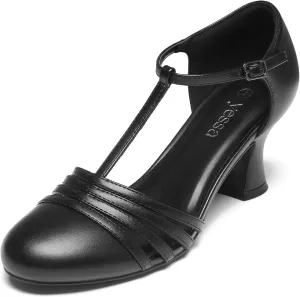 YESSA 1920s Shoes for Women Leather/Satin Ballroom Dance Shoes,T-Strap Character Shoes,2"/2.5" Dancing Pumps for Latin Salsa